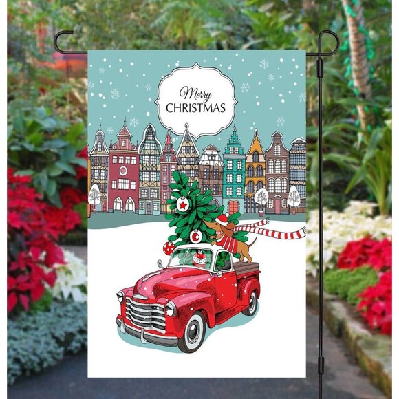 Merry Christmas Double 2 Sided Garden Flag with Dachshund Dog in Red Truck NEW - Picture 6 of 7